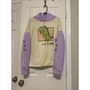 ($26.99) Large Kawaii Dino Hoodie Pastel Purple Cream Pullover Sweatshirt